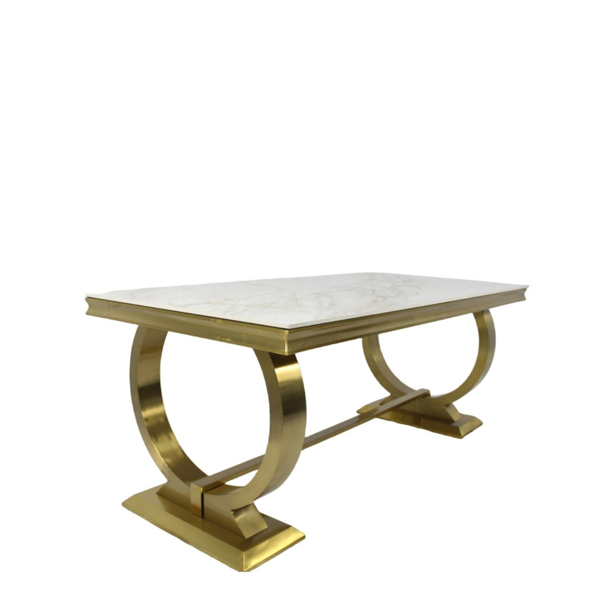 Luxury White Marble Effect 200cm Dining Table with Gold Circular Pedestal Base