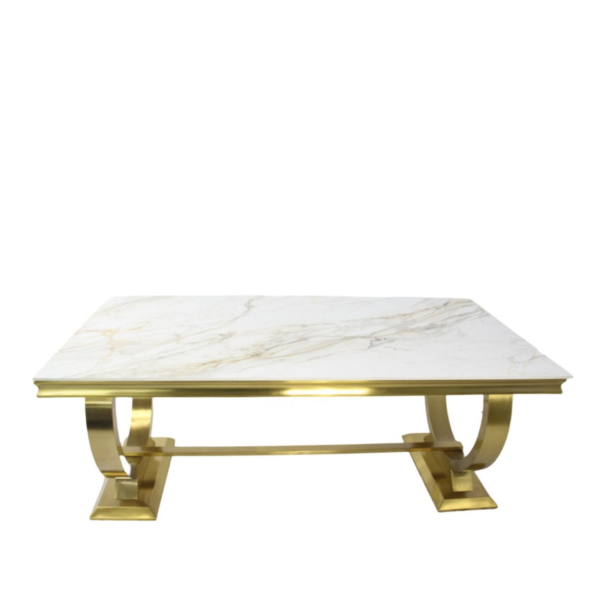 Luxury White Marble Effect 200cm Dining Table with Gold Circular Pedestal Base