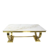 Luxury White Marble Effect 200cm Dining Table with Gold Circular Pedestal Base