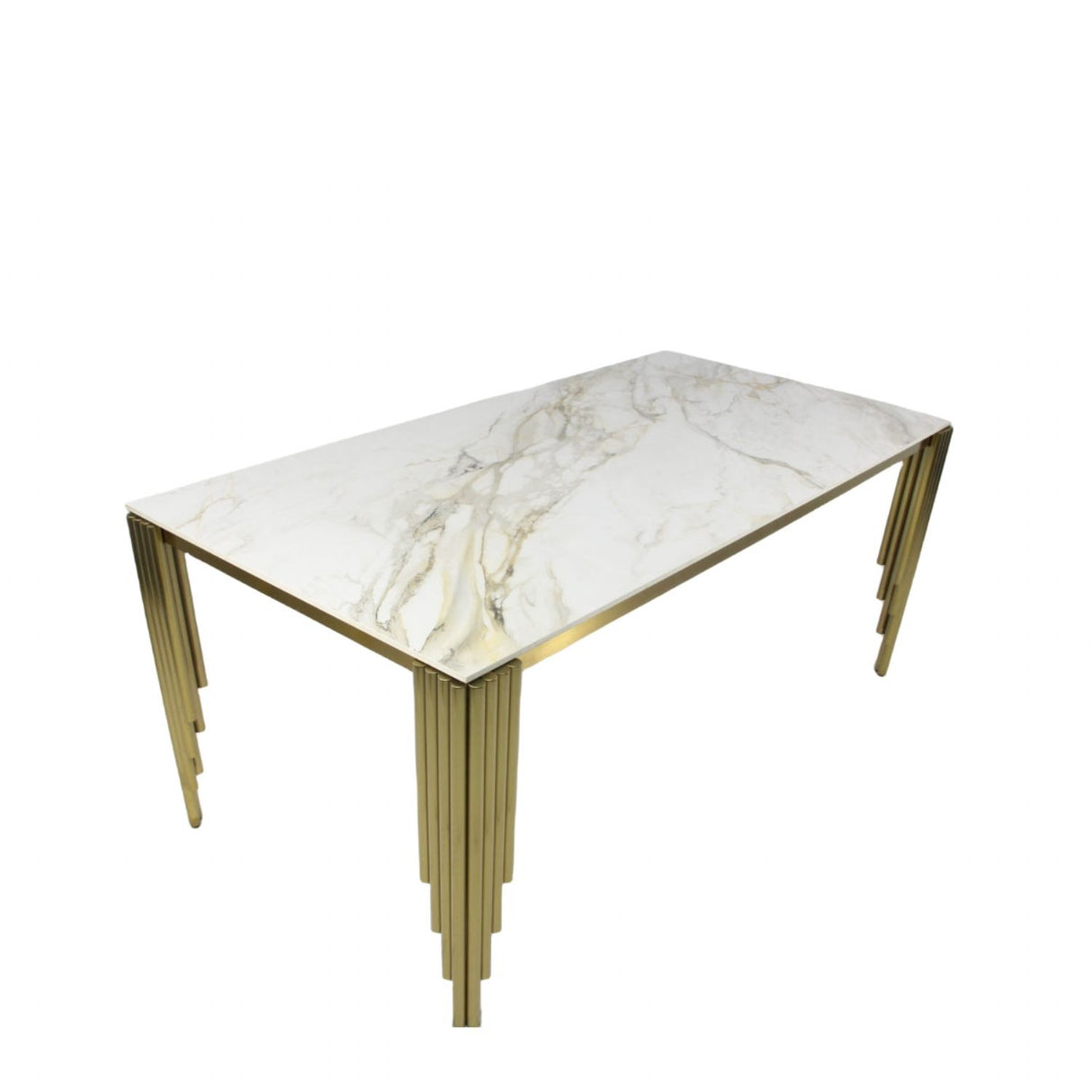 Luxury White Marble Effect 1.8m Dining Table with Gold Art Deco Metal Legs