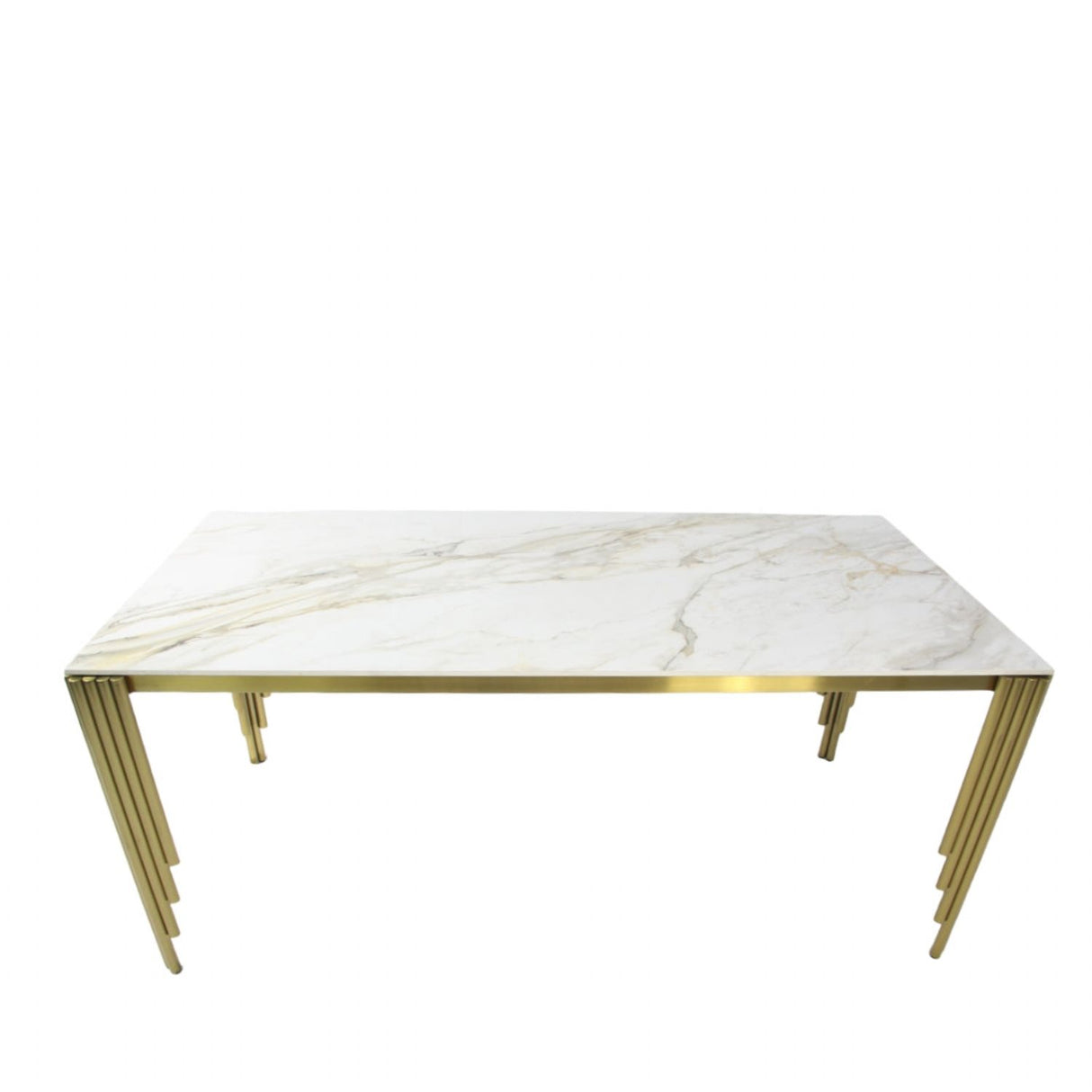 Luxury White Marble Effect 1.8m Dining Table with Gold Art Deco Metal Legs