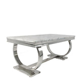 Luxury White Marble Effect 2m Dining Table with Chrome Circular Pedestal Base