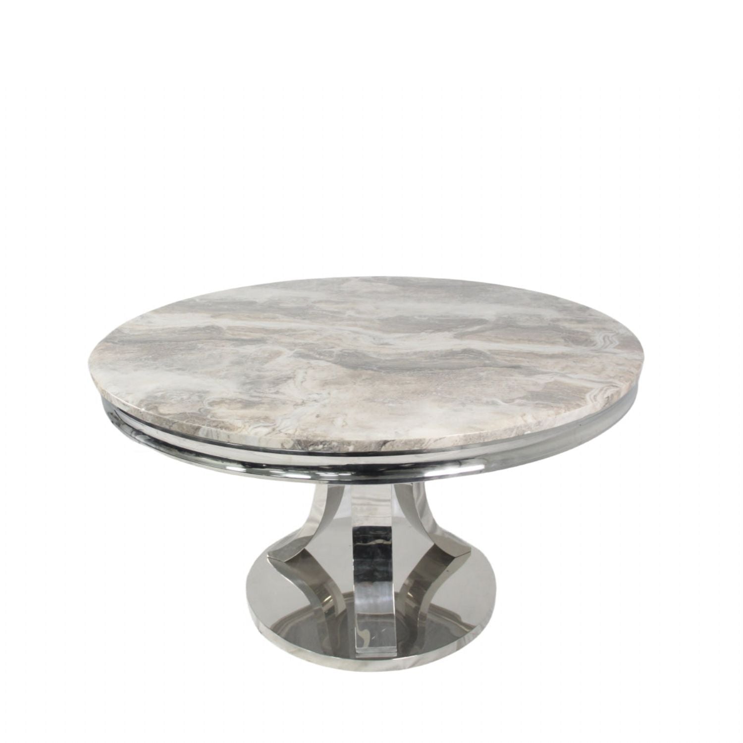 Modern Grey Marble Round Dining Table with Chrome Pedestal Base 130cm
