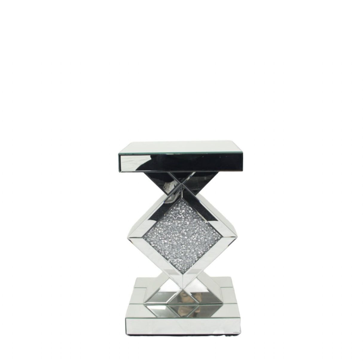 Mirrored Diamond Accent Pedestal Side Table with Crushed Crystal Centre