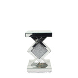 Mirrored Diamond Accent Pedestal Side Table with Crushed Crystal Centre