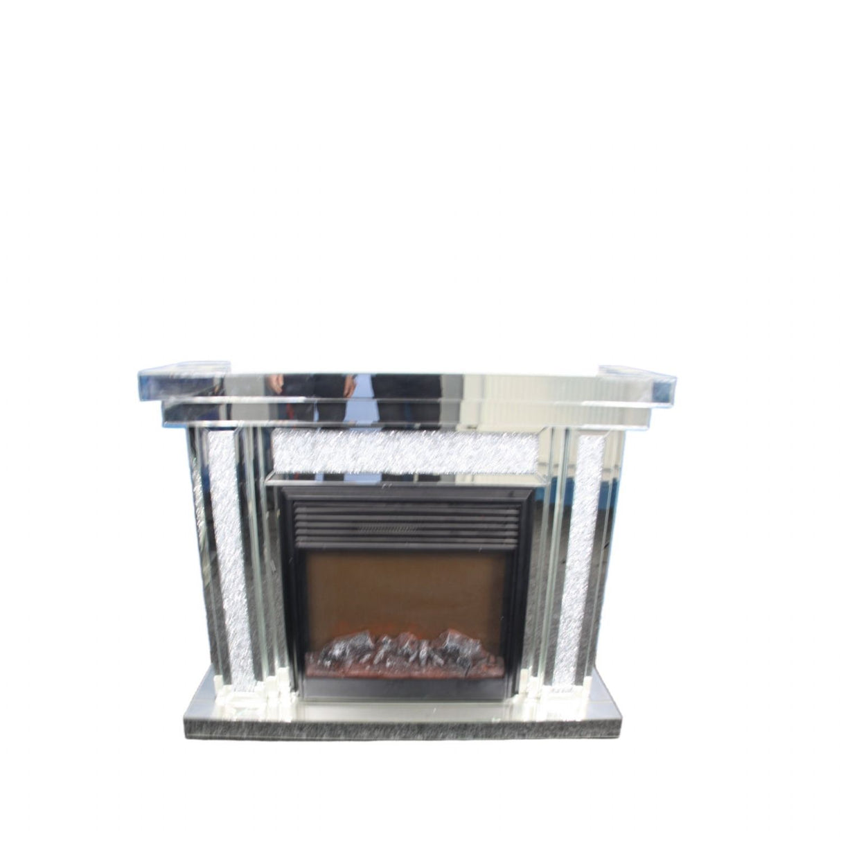 Modern Mirrored Fireplace Surround with Crushed Diamond Detailing and Electric Fire Insert