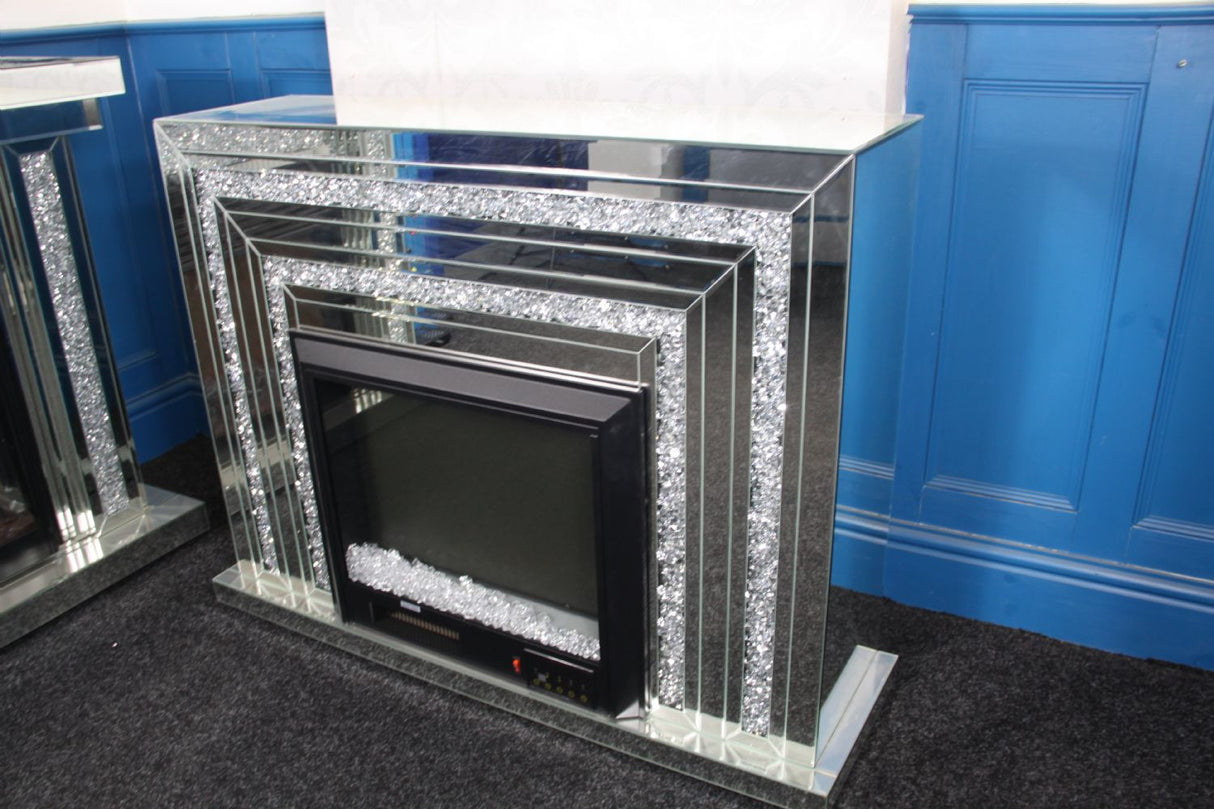 Silver Mirrored Fireplace Surround with Crystal and Colour Changing Electric Fire