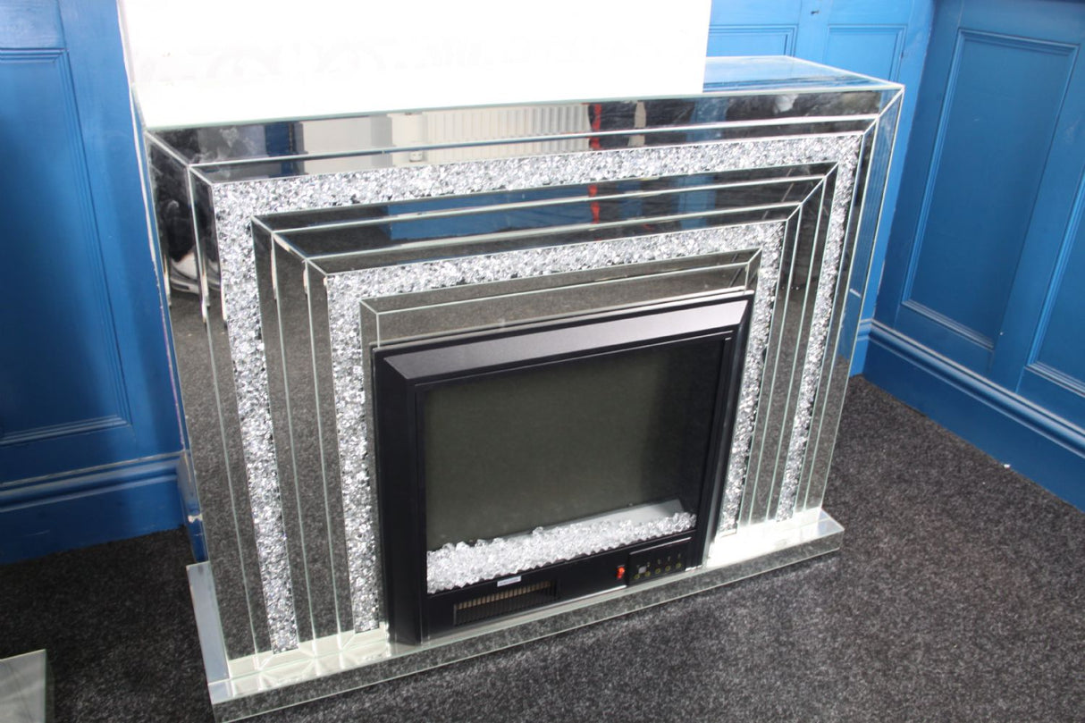 Silver Mirrored Fireplace Surround with Crystal and Colour Changing Electric Fire