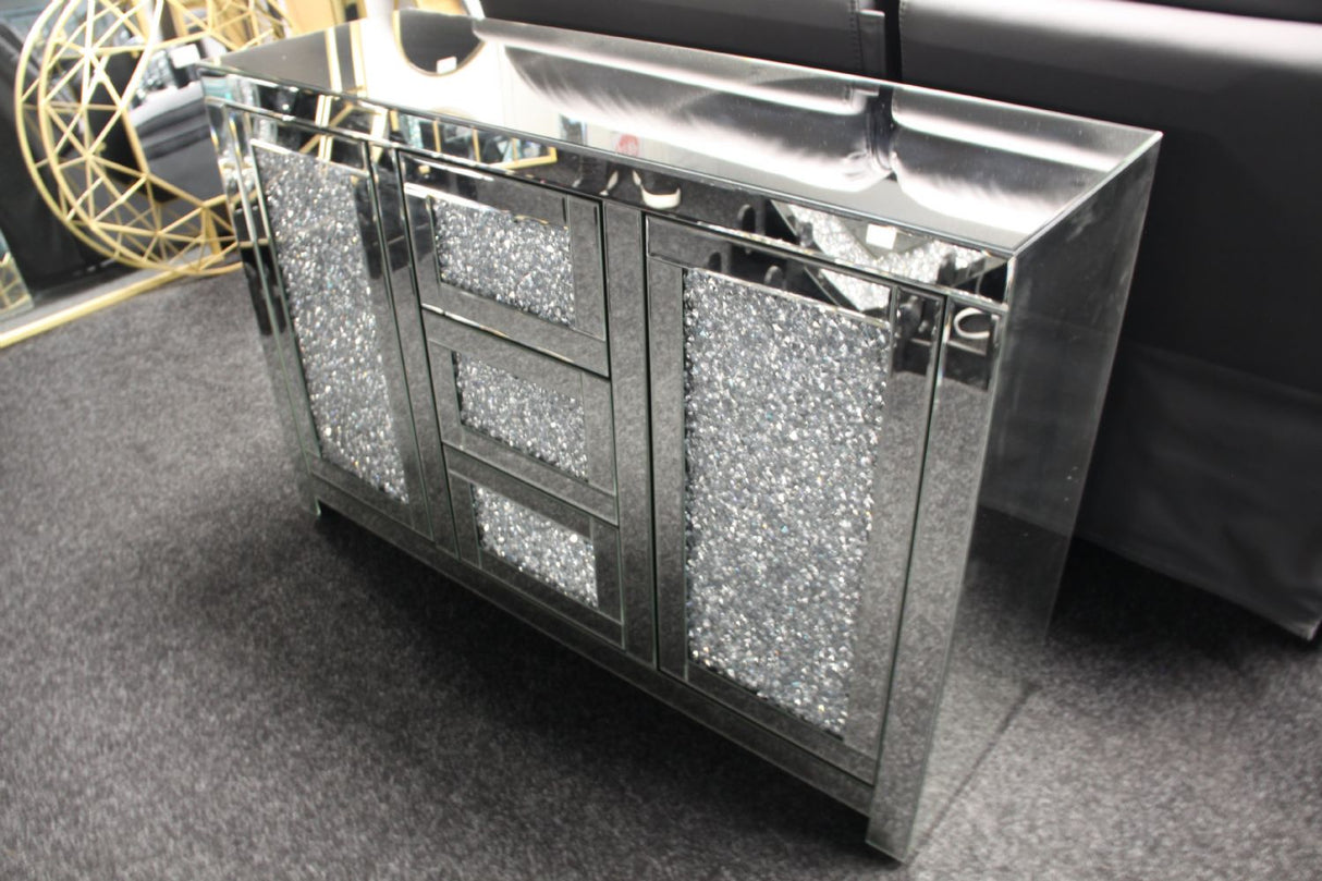 Silver Mirrored Crystal Effect 2 Door 3 Drawer Large Sideboard