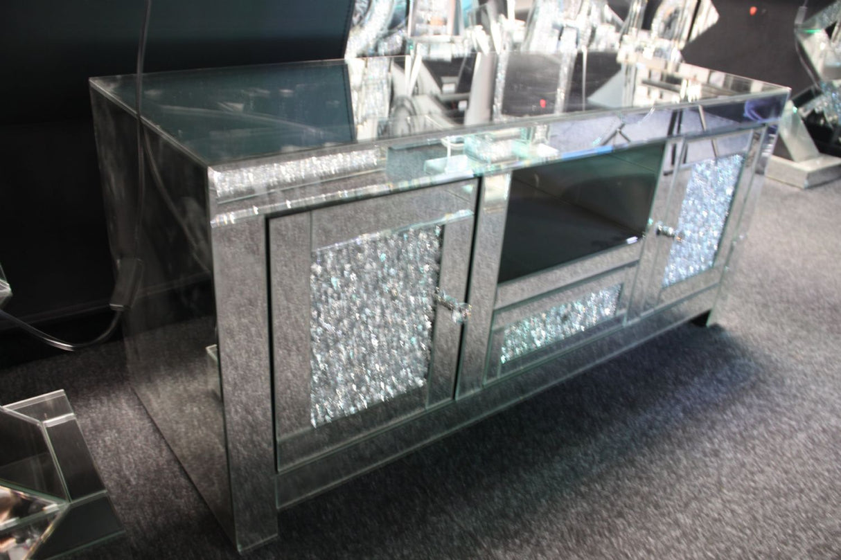 Mirrored Crushed Crystal 2 Door TV Unit with Open Shelves 120cm