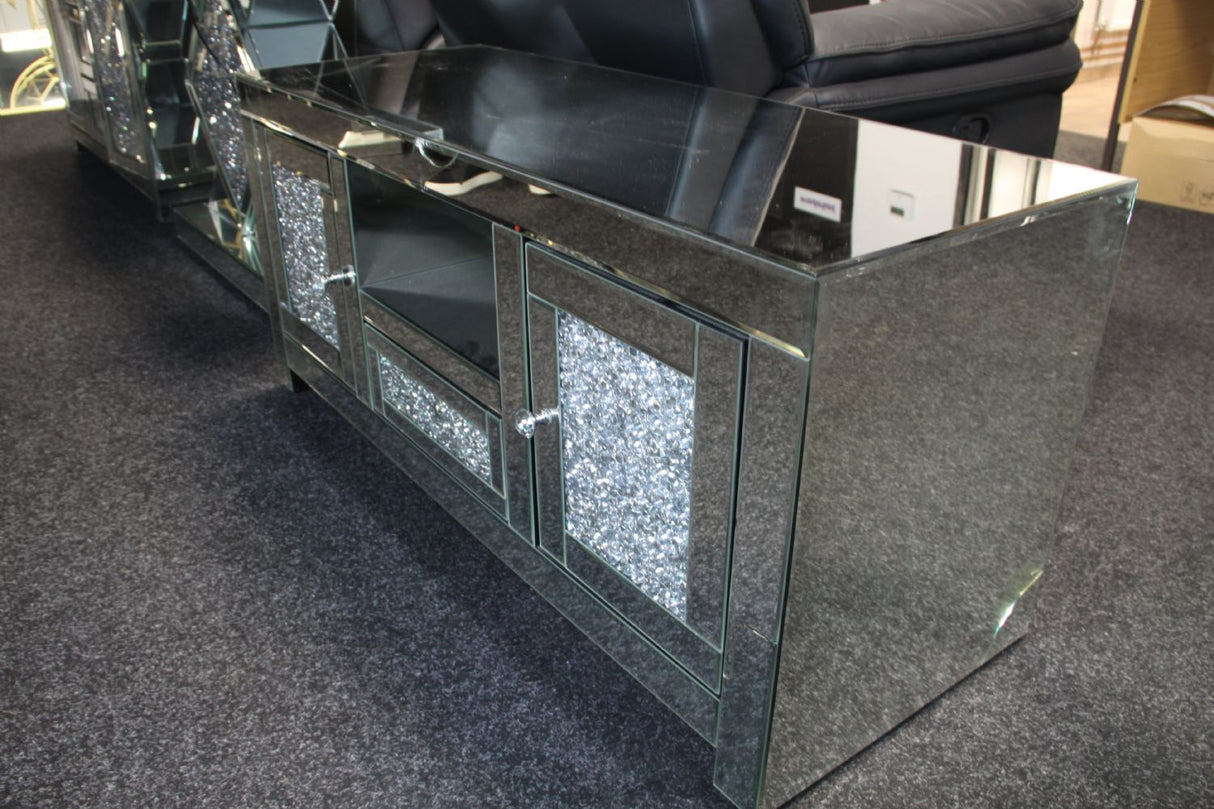 Mirrored Crushed Crystal 2 Door TV Unit with Open Shelves 120cm