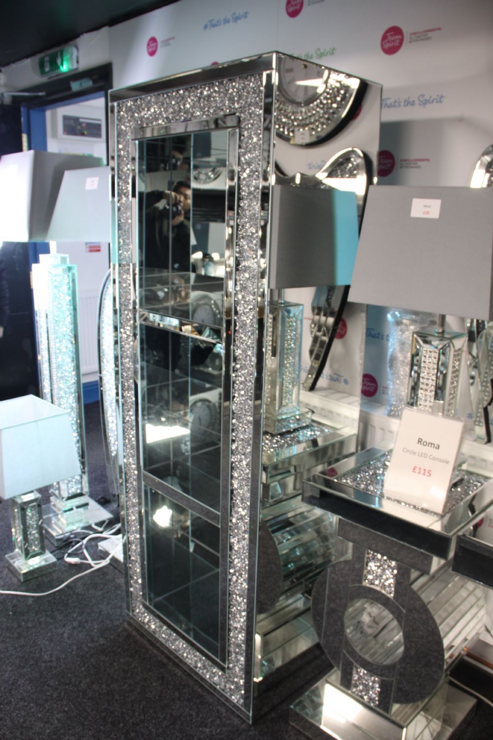 Mirrored High Display Bookcase with Crushed Crystal Frame and Glass Shelves