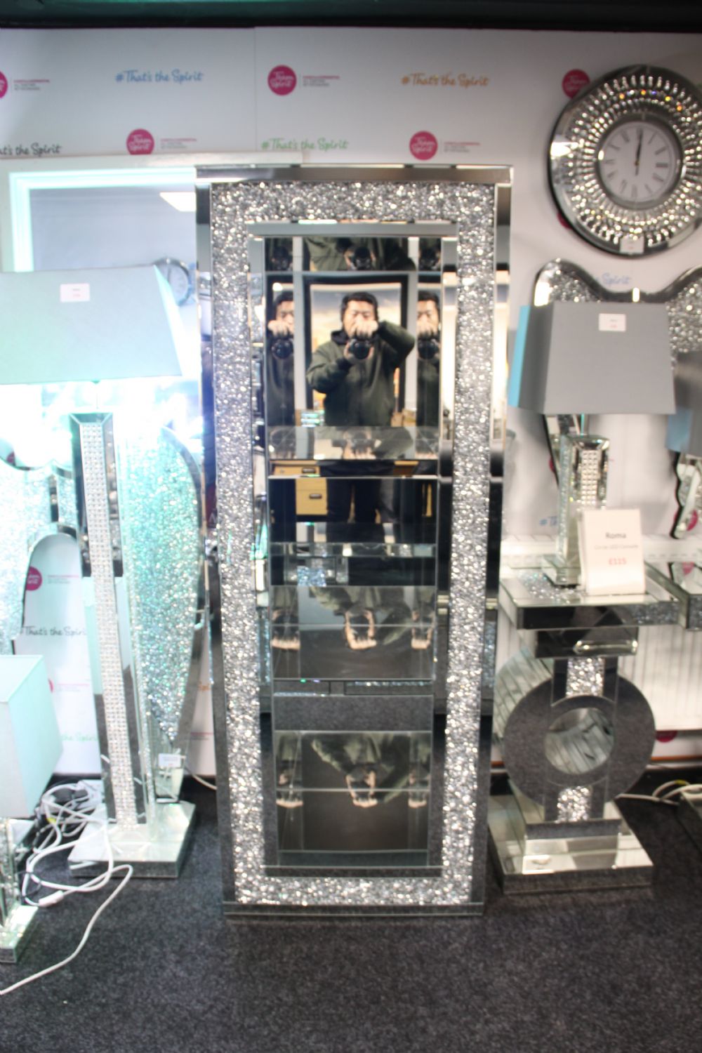 Mirrored High Display Bookcase with Crushed Crystal Frame and Glass Shelves