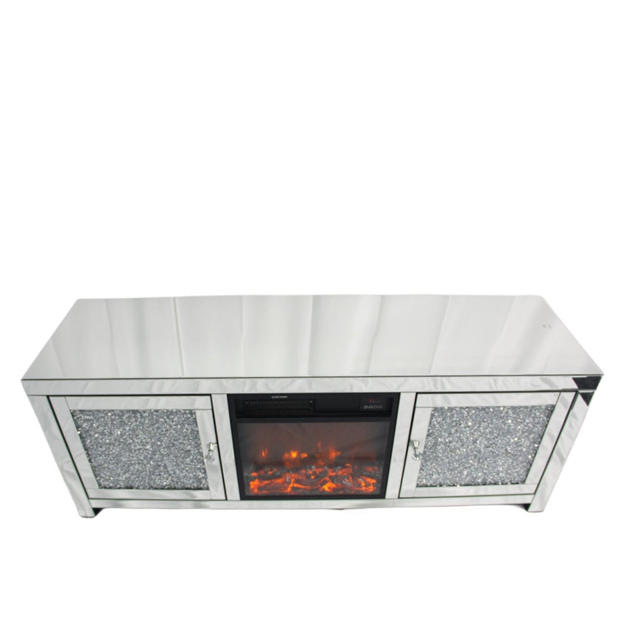 Silver Mirrored TV Unit with Crystal Door Panels and Built In Electric Heater