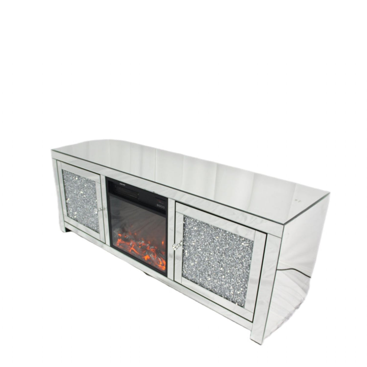 Silver Mirrored TV Unit with Crystal Door Panels and Built In Electric Heater