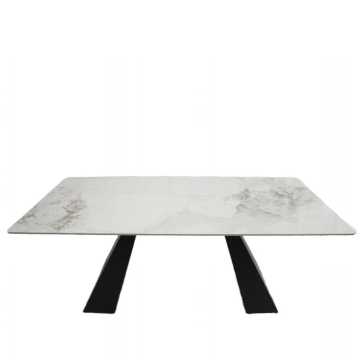 Luxury White Marble Effect Ceramic Extending Dining Table with Black Pedestal Legs