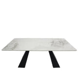 Luxury White Marble Effect Ceramic Extending Dining Table with Black Pedestal Legs