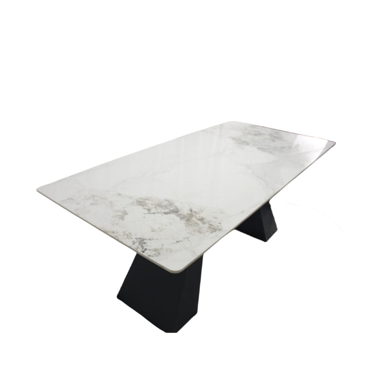 Modern White Marble Effect Ceramic 6 Seater Rectangular Dining Table with Black Angular Legs