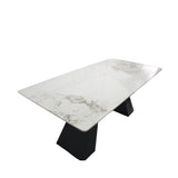Modern White Marble Effect Ceramic 6 Seater Rectangular Dining Table with Black Angular Legs