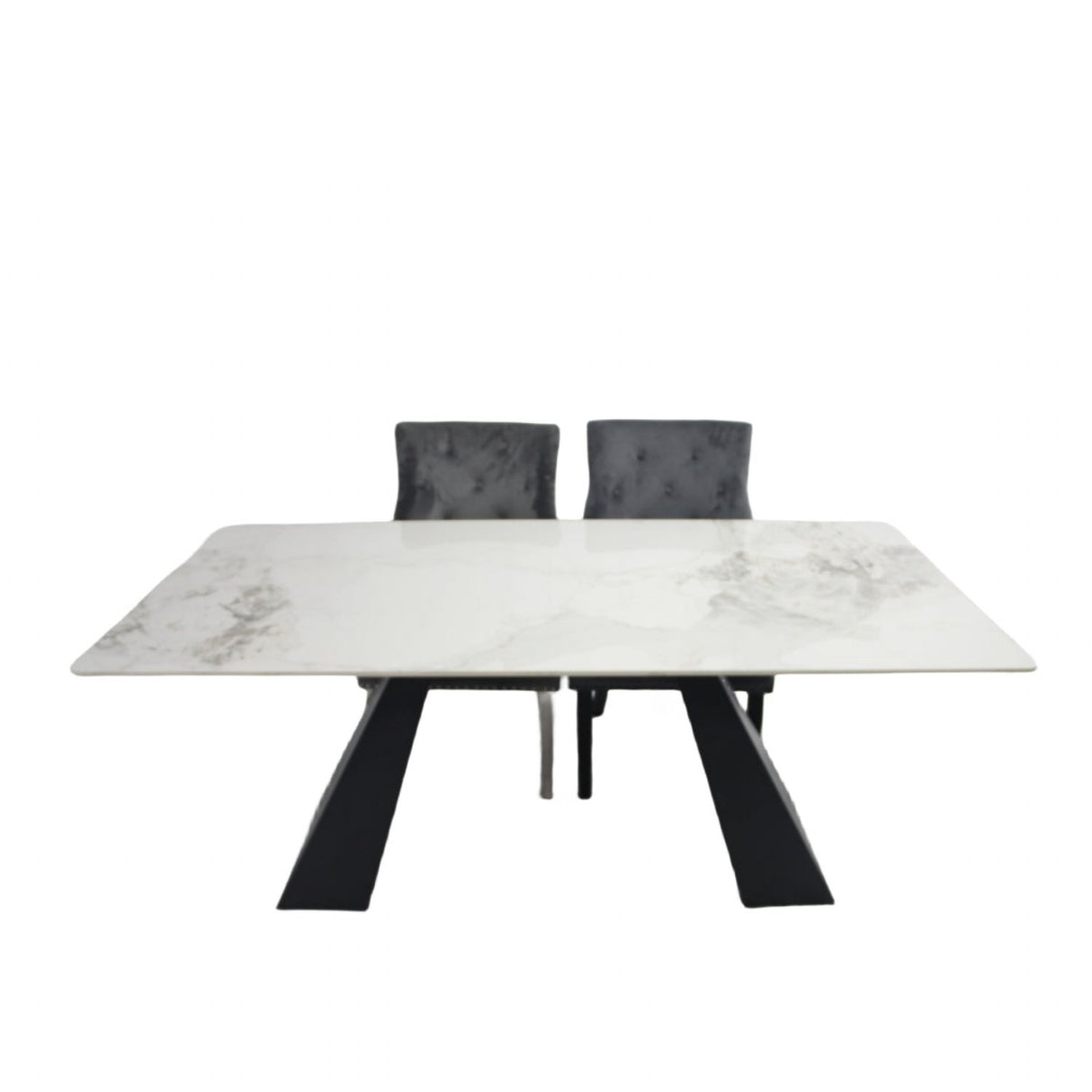 Modern White Marble Effect Ceramic 6 Seater Rectangular Dining Table with Black Angular Legs