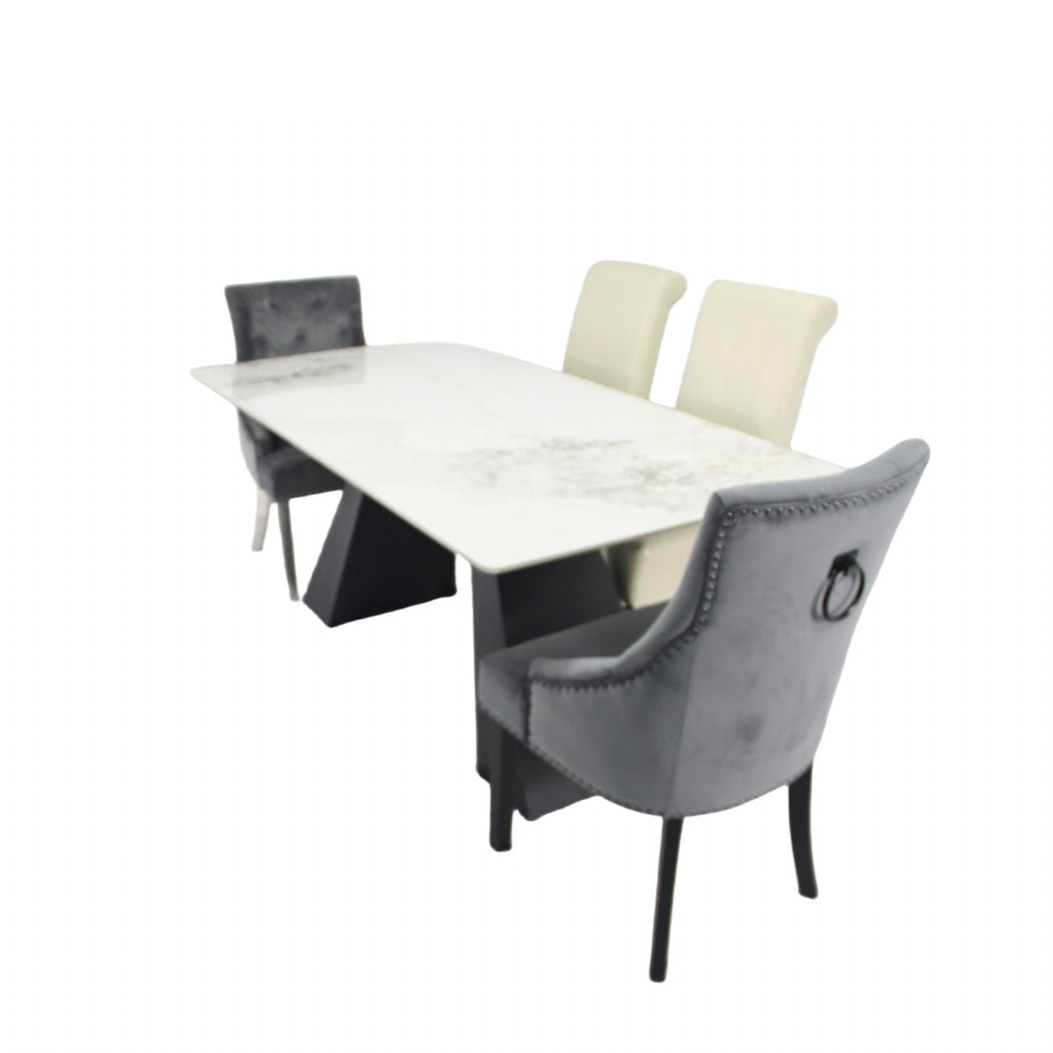 Modern White Marble Effect Ceramic 6 Seater Rectangular Dining Table with Black Angular Legs
