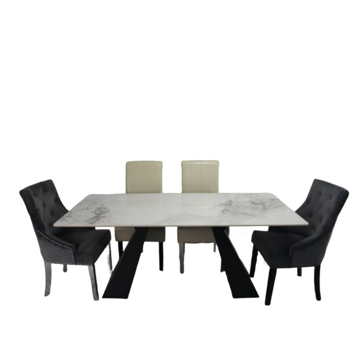 Modern White Marble Effect Ceramic 6 Seater Rectangular Dining Table with Black Angular Legs