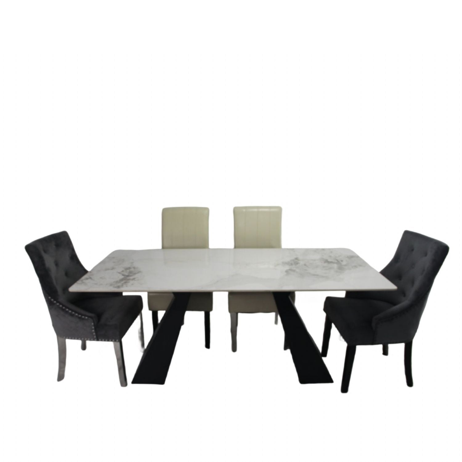 Modern White Marble Effect Ceramic 6 Seater Rectangular Dining Table with Black Angular Legs