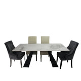 Modern White Marble Effect Ceramic 6 Seater Rectangular Dining Table with Black Angular Legs