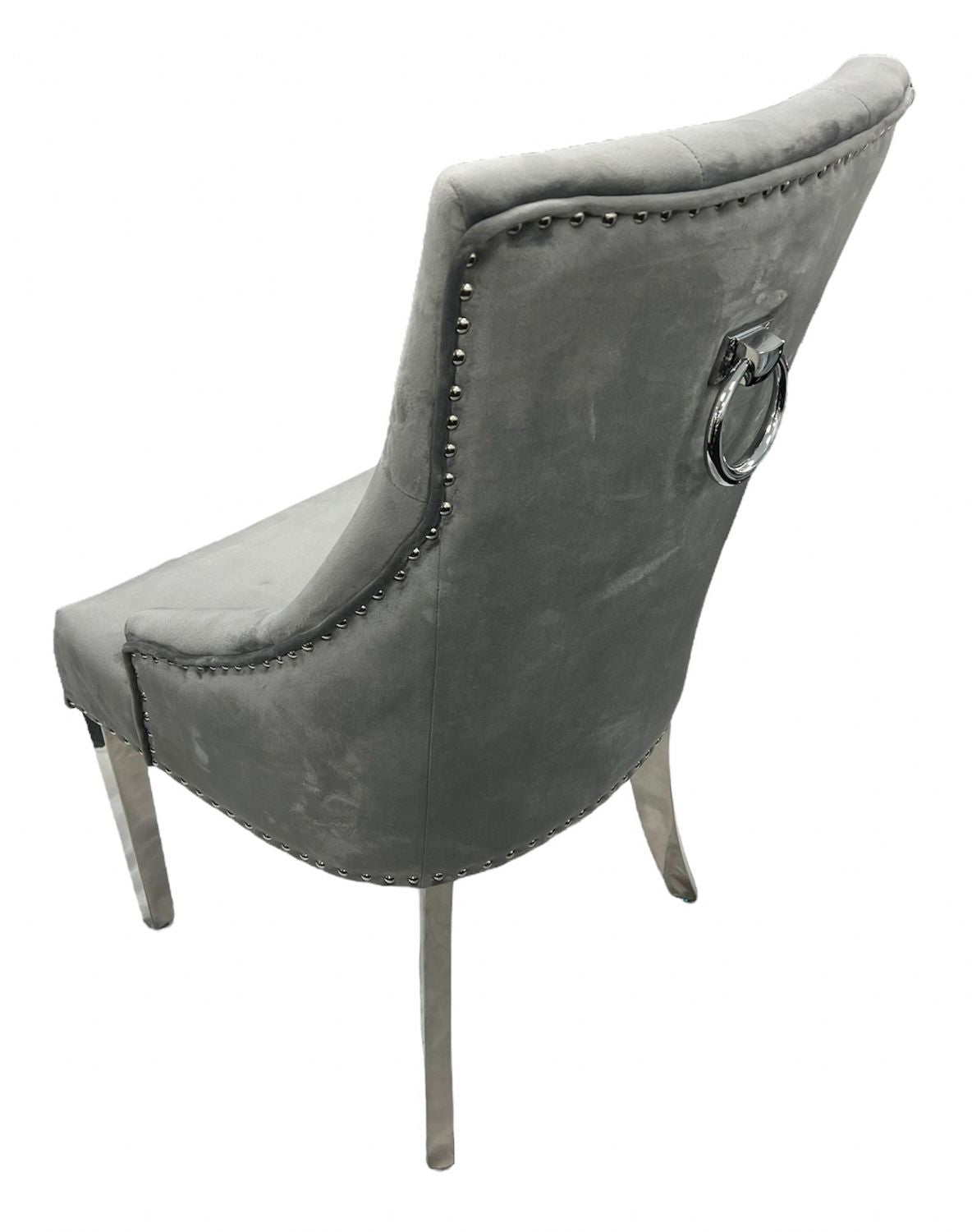 Modern Dark Grey Velvet Dining Chair with Ring Knocker and Chrome Legs