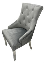 Modern Dark Grey Velvet Dining Chair with Ring Knocker and Chrome Legs