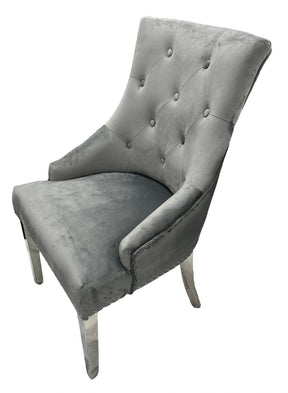 Modern Dark Grey Velvet Dining Chair with Ring Knocker and Chrome Legs