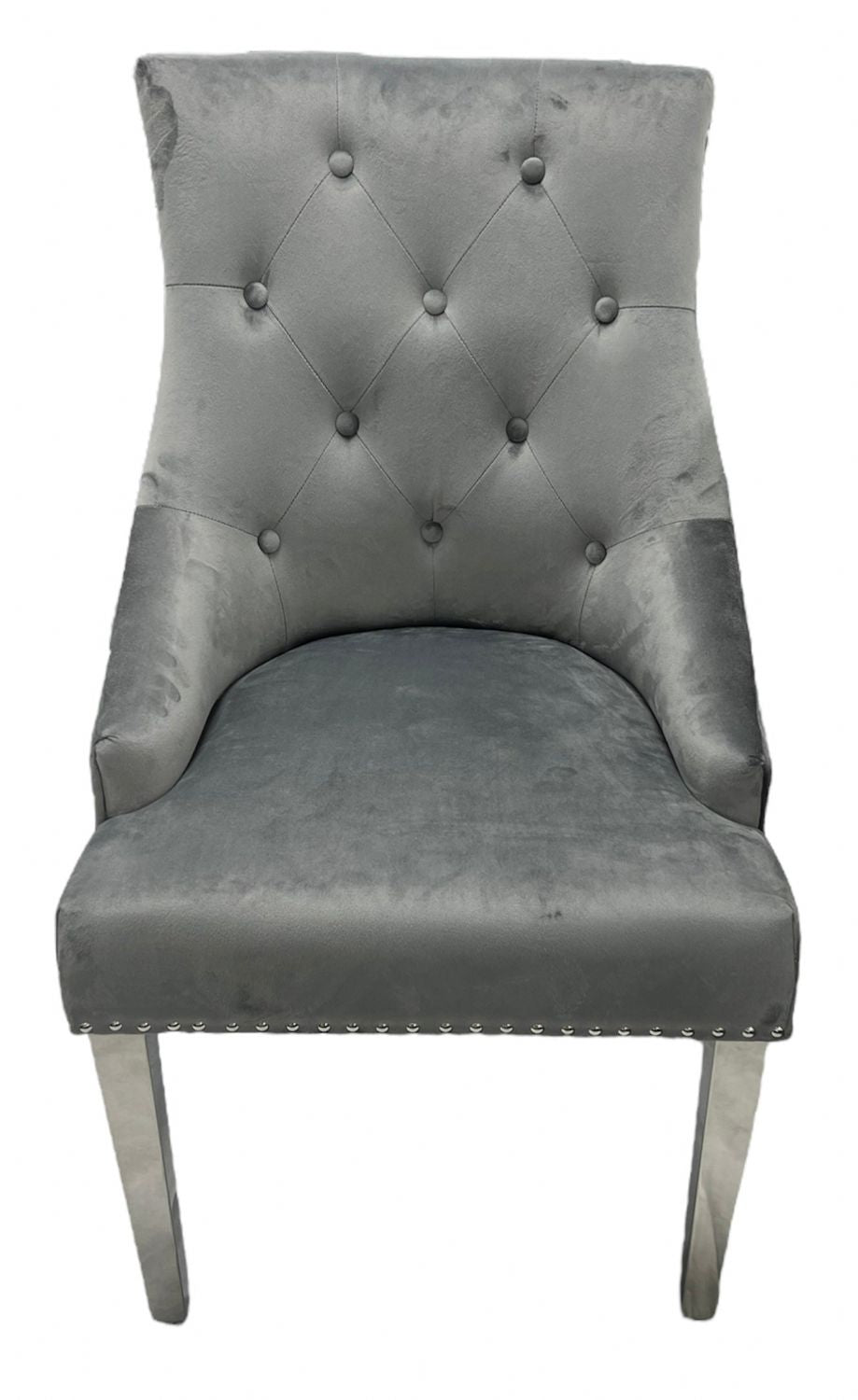 Modern Dark Grey Velvet Dining Chair with Ring Knocker and Chrome Legs