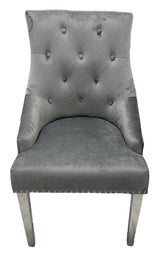 Modern Dark Grey Velvet Dining Chair with Ring Knocker and Chrome Legs