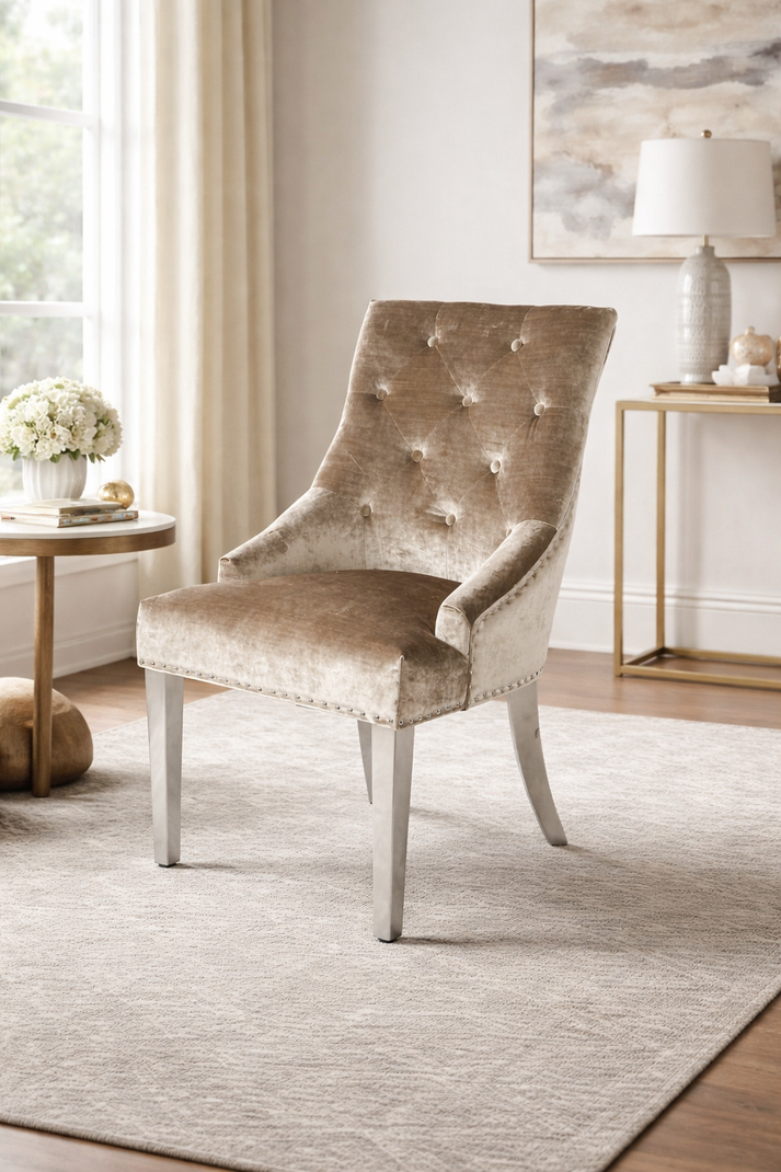 Modern Mink Shimmer Velvet Dining Chair with Ring Knocker and Chrome Legs