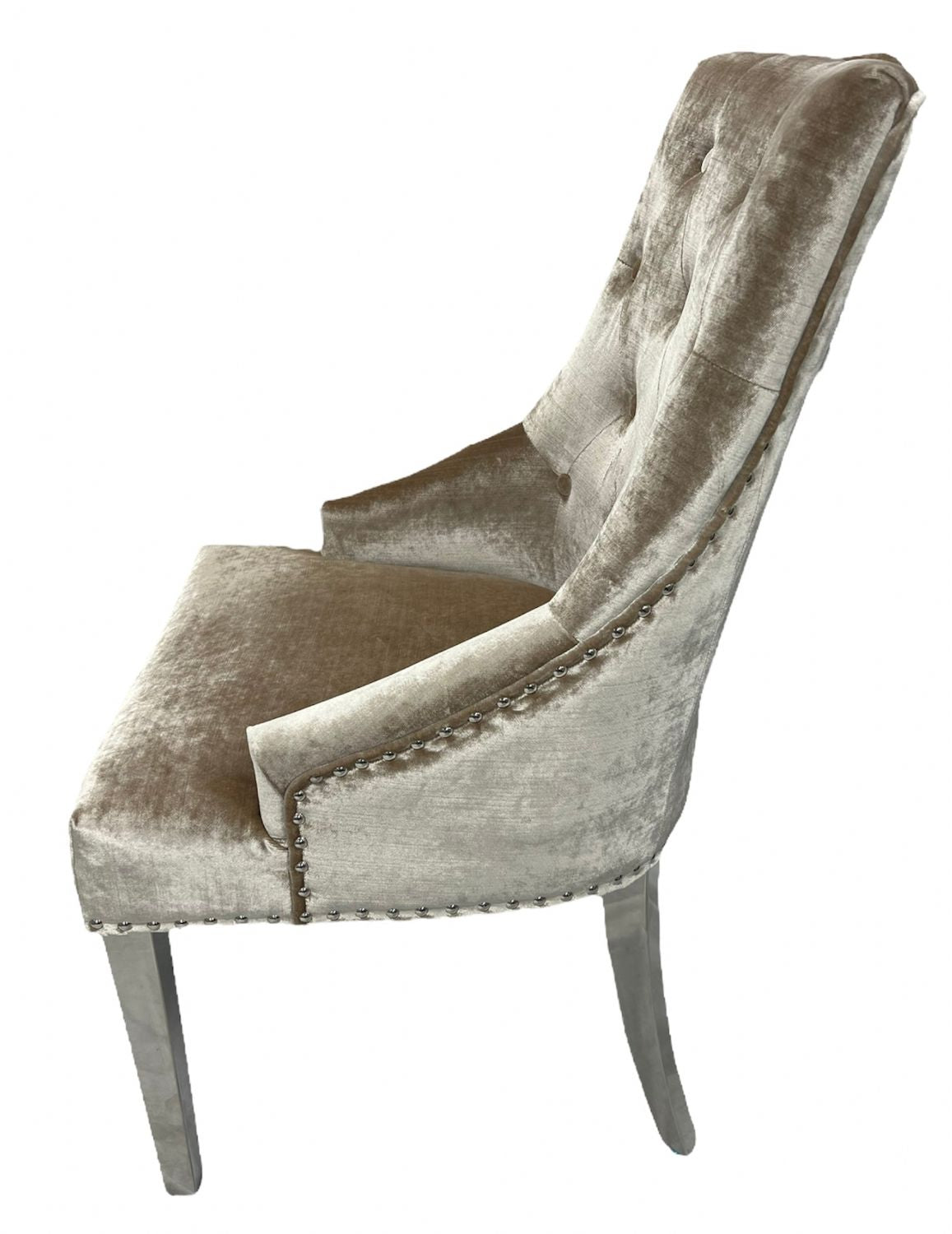 Modern Mink Shimmer Velvet Dining Chair with Ring Knocker and Chrome Legs