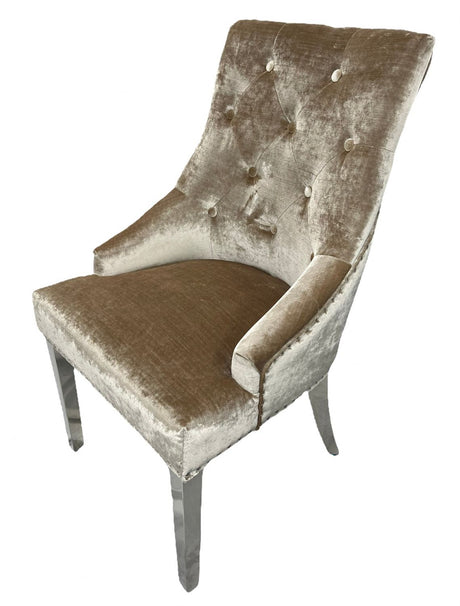 Modern Mink Shimmer Velvet Dining Chair with Ring Knocker and Chrome Legs