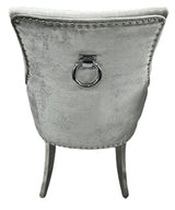 Luxury Silver Grey Shimmer Velvet Dining Chair with Ring Knocker and Chrome Legs