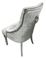 Luxury Silver Grey Shimmer Velvet Dining Chair with Ring Knocker and Chrome Legs