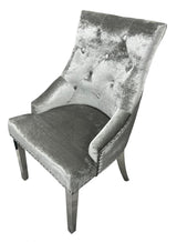Luxury Silver Grey Shimmer Velvet Dining Chair with Ring Knocker and Chrome Legs