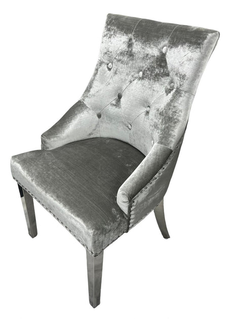 Luxury Silver Grey Shimmer Velvet Dining Chair with Ring Knocker and Chrome Legs