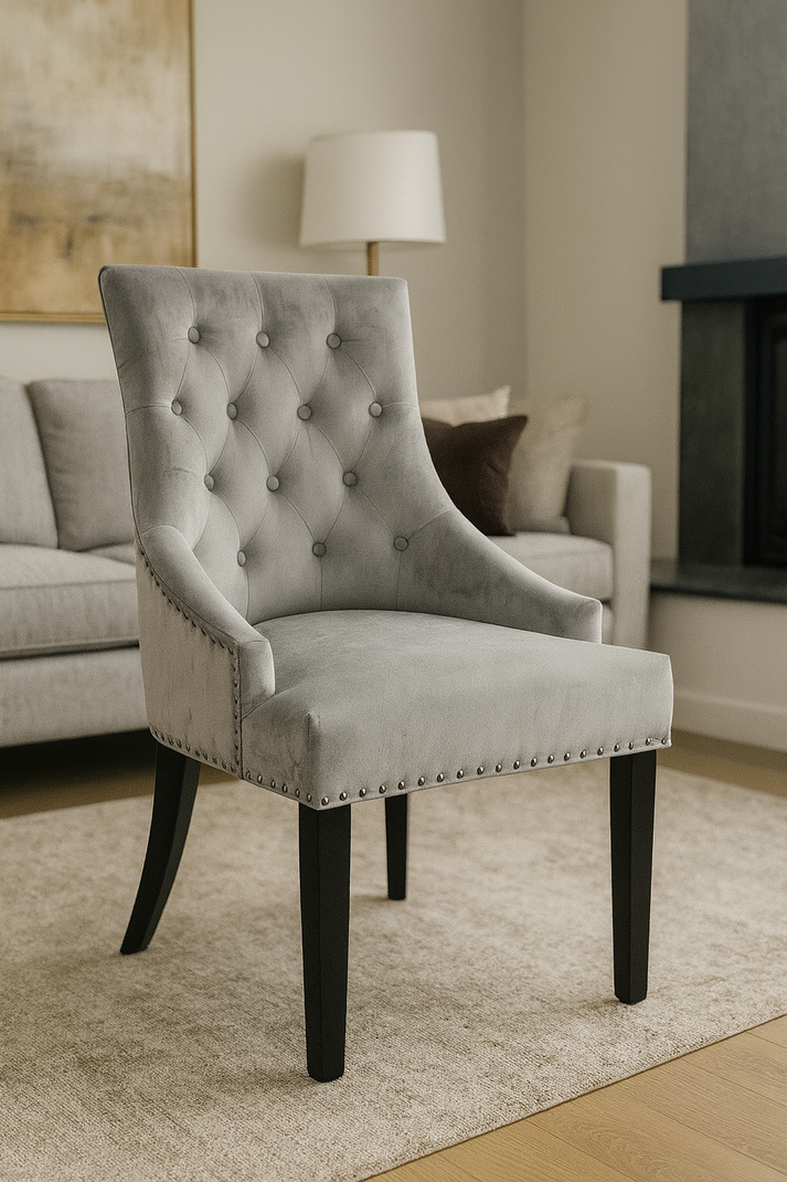 Modern Dark Grey Velvet Dining Chair with Black Ring Knocker and Black Legs