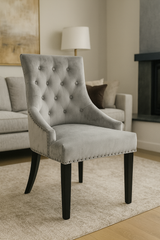 Modern Dark Grey Velvet Dining Chair with Black Ring Knocker and Black Legs