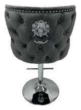 Luxury Dark Grey Velvet Bar Stool with Chrome Base and Lion Knocker Detail