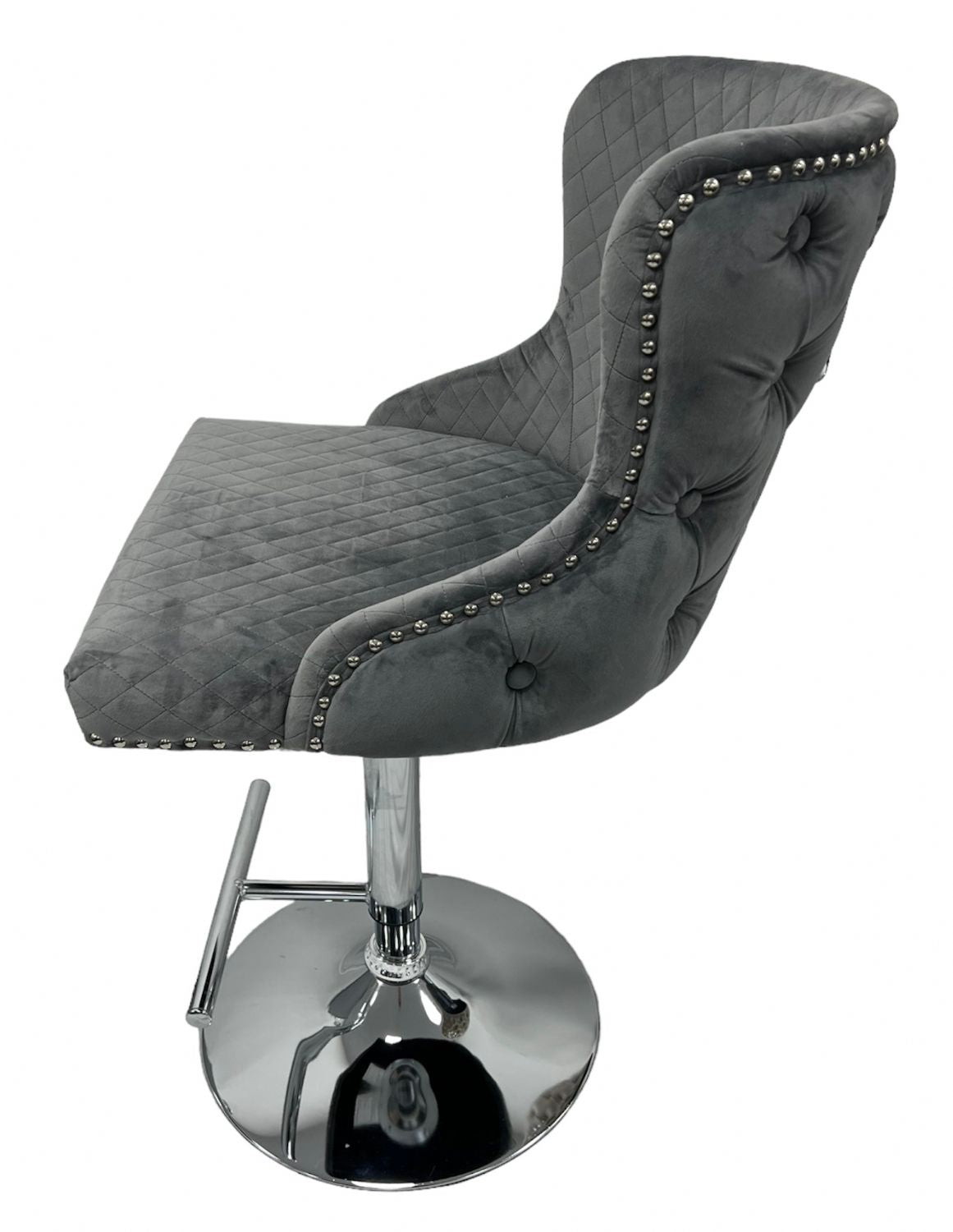 Luxury Dark Grey Velvet Bar Stool with Chrome Base and Lion Knocker Detail
