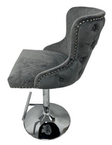 Luxury Dark Grey Velvet Bar Stool with Chrome Base and Lion Knocker Detail