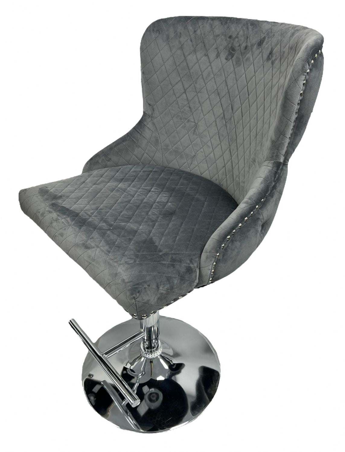 Luxury Dark Grey Velvet Bar Stool with Chrome Base and Lion Knocker Detail