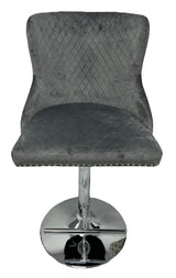 Luxury Dark Grey Velvet Bar Stool with Chrome Base and Lion Knocker Detail