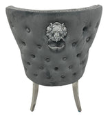 Luxury Plush Dark Grey Velvet Dining Chair with Lion Knocker and Chrome Legs