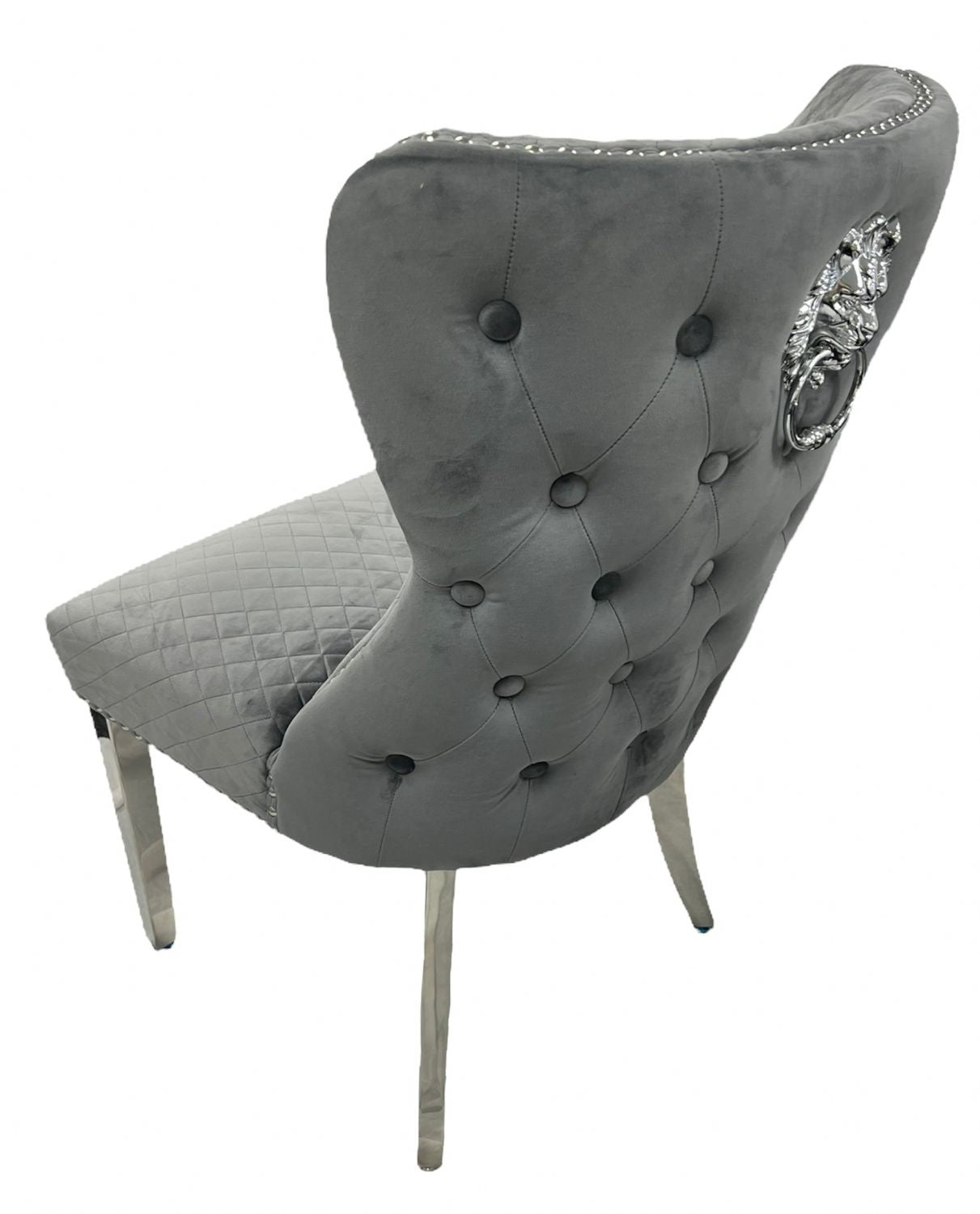 Luxury Plush Dark Grey Velvet Dining Chair with Lion Knocker and Chrome Legs