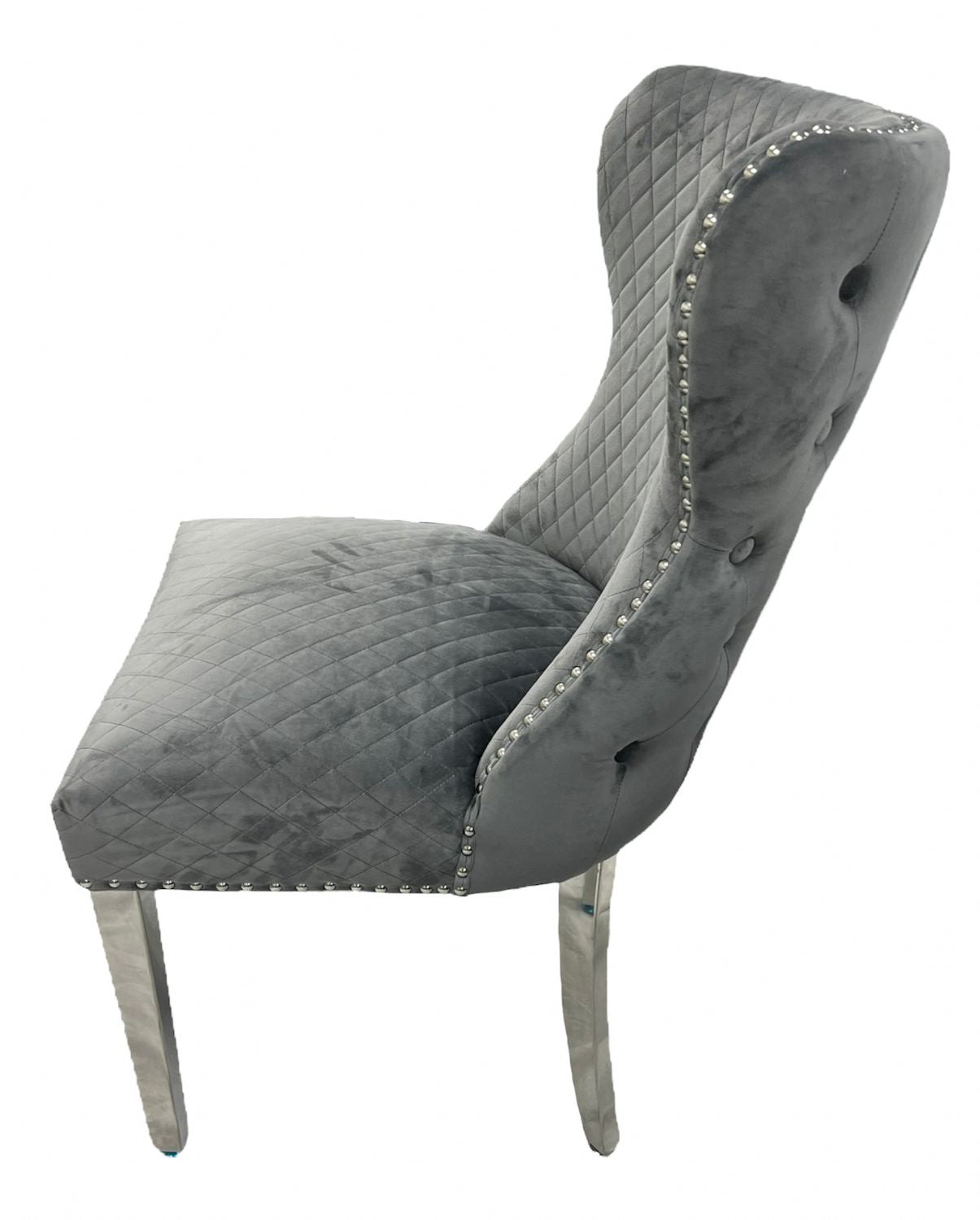 Luxury Plush Dark Grey Velvet Dining Chair with Lion Knocker and Chrome Legs